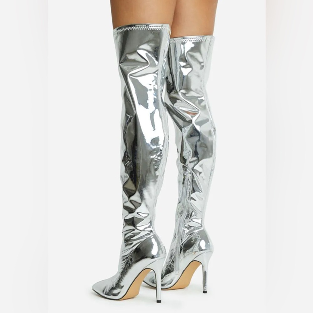 New! FSJ Silver Metallic Pointed Toe Over Knee Stiletto Boots 8